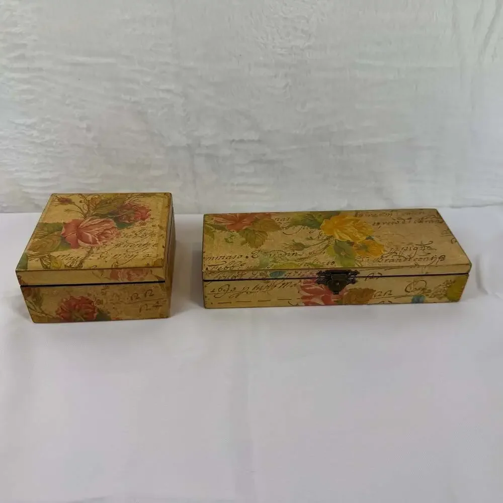 2 small memory keepsake boxes Victorian découpage style floral